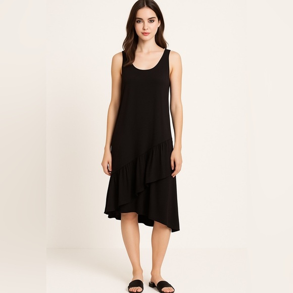 Beachlunchlounge Black Knit Pullover Midi Dress with Asymmetrical Tiered Hem - Picture 1 of 11